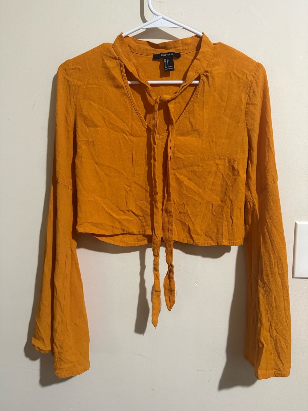 Forever 21 Mustard Tie-Neck Cropped Blouse with Long Bell Sleeves